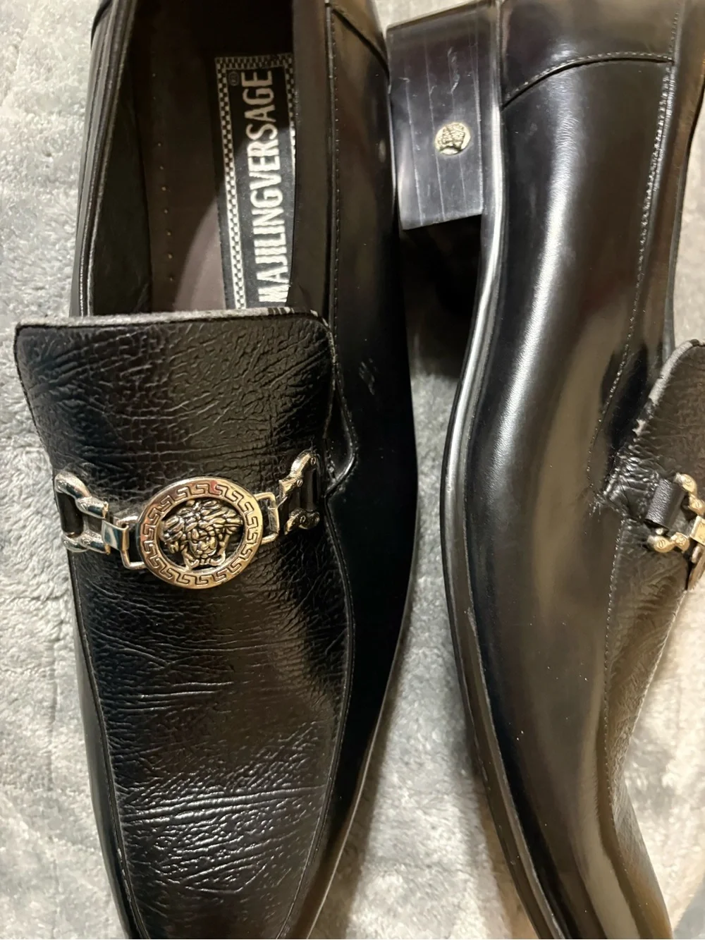 Majiling Versace Men's Black Leather Slip-On Loafers with Silver Bit Accent